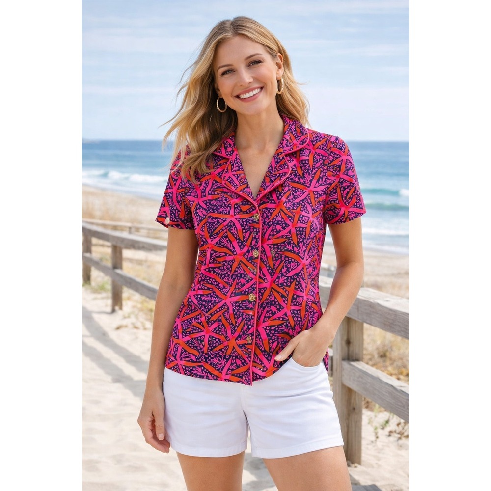 Lilly Pulitzer XS Button Front Top Pink Navy Starfish Print Short Sleeve Stretch